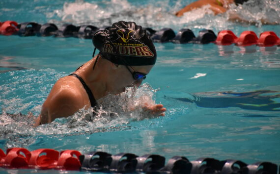 Thomas Jefferson swimmer swims in breaststroke section of the medley relay. Ben Ray / The Mirror