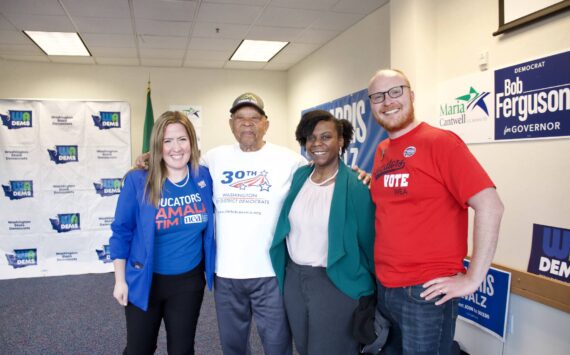 Shannon McCann, James Grayson, State Rep. Jamila Taylor and Sam Rise on Nov. 5 at a Get Out the Vote event at the Washington Education Association in Federal Way located at 32032 Weyerhaeuser Way South.