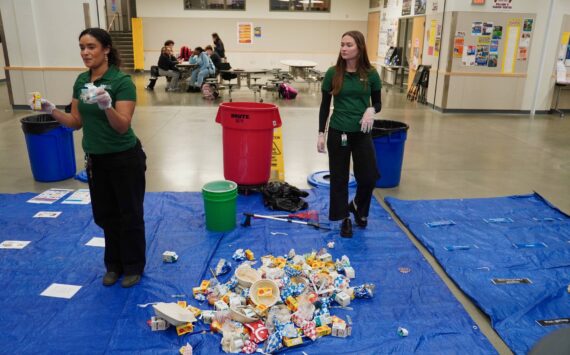 Rhianne Janovich and Grace Fletcher from WM explaining to the students how they would sort out the trash. Photo by Joshua Solorzano/The Mirror