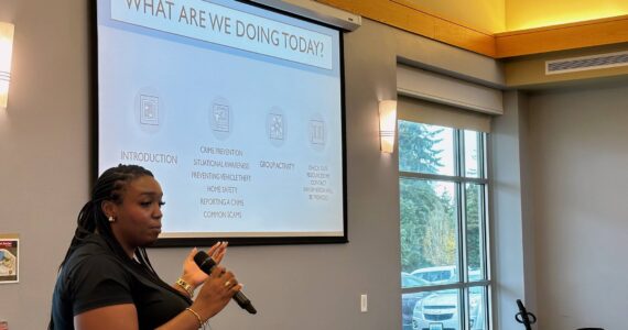 At the Nov. 13 meeting of the Federal Way Senior Commission, FWPD community engagement coordinator Tiffany Clemmings discussed various topics such as crime prevention, situational awareness, preventing vehicle theft, home safety, reporting a crime, and common scams. Photo by Joshua Solorzano/The Mirror