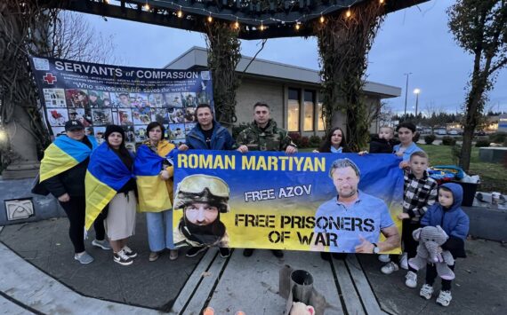 Members of the Federal Way Ukranian community protesting Nov. 19 at the intersection of South 320th Street and Pacific Highway South. Courtesy photo