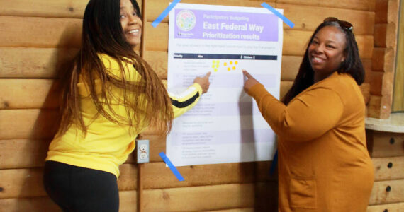 Valerie Schell and Trenise Rogers both share their support for possible community investment projects in the area of unincorporated King County known as East Federal Way during a meeting in April 2024. Valerie Schell is a proposal advocate and Trenise Rogers was involved in the participatory budgeting process last year. (Mirror file photo)