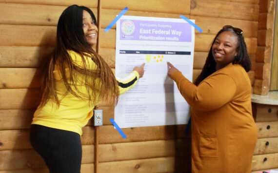 Valerie Schell and Trenise Rogers both share their support for possible community investment projects in the area of unincorporated King County known as East Federal Way during a meeting in April 2024. Valerie Schell is a proposal advocate and Trenise Rogers was involved in the participatory budgeting process last year. (Mirror file photo)