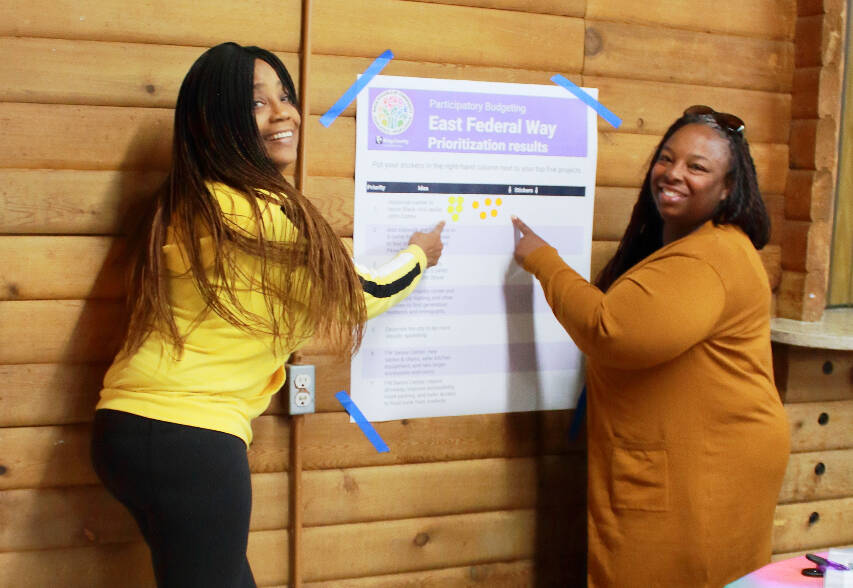 Valerie Schell and Trenise Rogers both share their support for possible community investment projects in the area of unincorporated King County known as East Federal Way during a meeting in April 2024. Valerie Schell is a proposal advocate and Trenise Rogers was involved in the participatory budgeting process last year. (Mirror file photo)