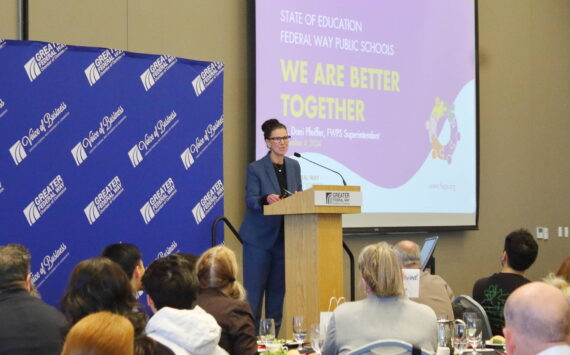 Federal Way Public Schools Superintendent Dr. Dani Pfeiffer speaks at the Chamber of Commerce luncheon on Dec. 4, 2024. Photo by Keelin Everly-Lang