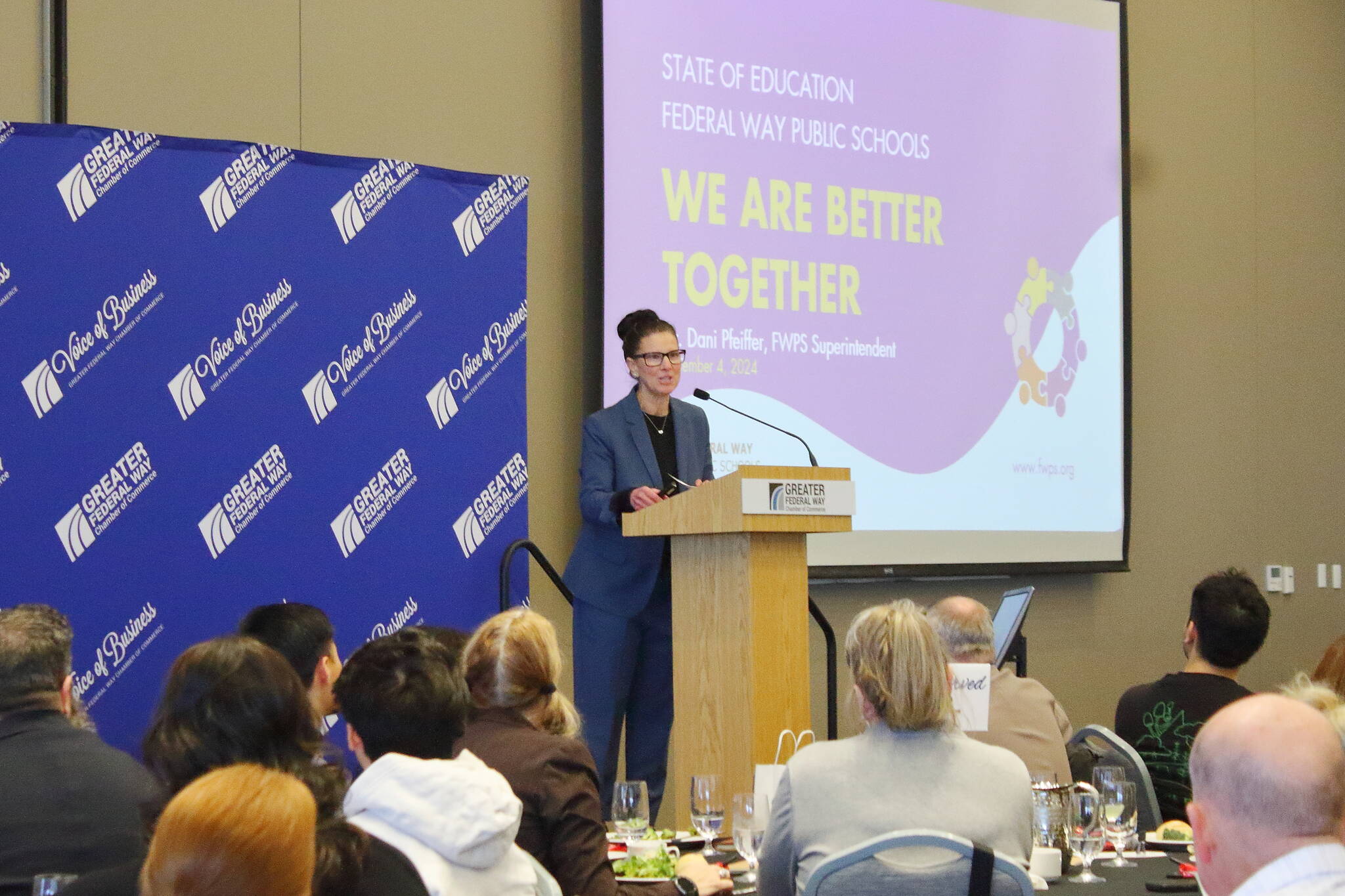 Federal Way Public Schools Superintendent Dr. Dani Pfeiffer speaks at the Chamber of Commerce luncheon on Dec. 4, 2024. Photo by Keelin Everly-Lang