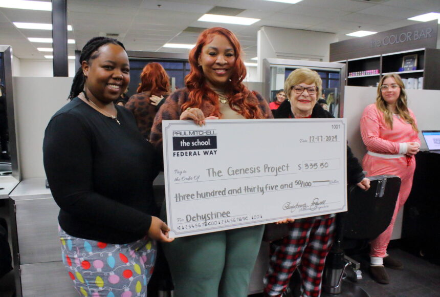 <p>Learning Leaders Ka’Shayla Jewell and Rhonda Young present the check to Center Director and Case Manager for the Genesis Project Dehystinee Davis. Photo by Keelin Everly-Lang / the Mirror</p>