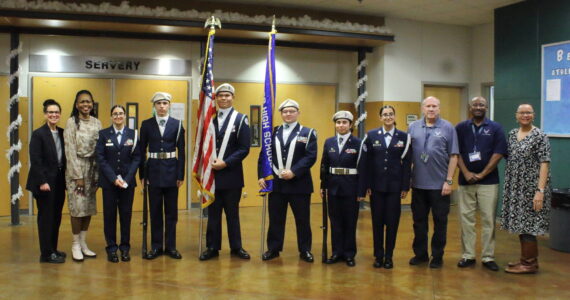 The Todd Beamer Junior Air Force ROTC poses with school board members at the Dec. 17 meeting. Photo by Keelin Everly-Lang / the Mirror