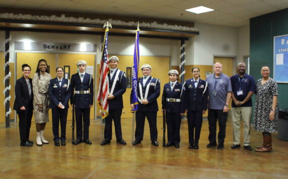 The Todd Beamer Junior Air Force ROTC poses with school board members at the Dec. 17 meeting. Photo by Keelin Everly-Lang / the Mirror