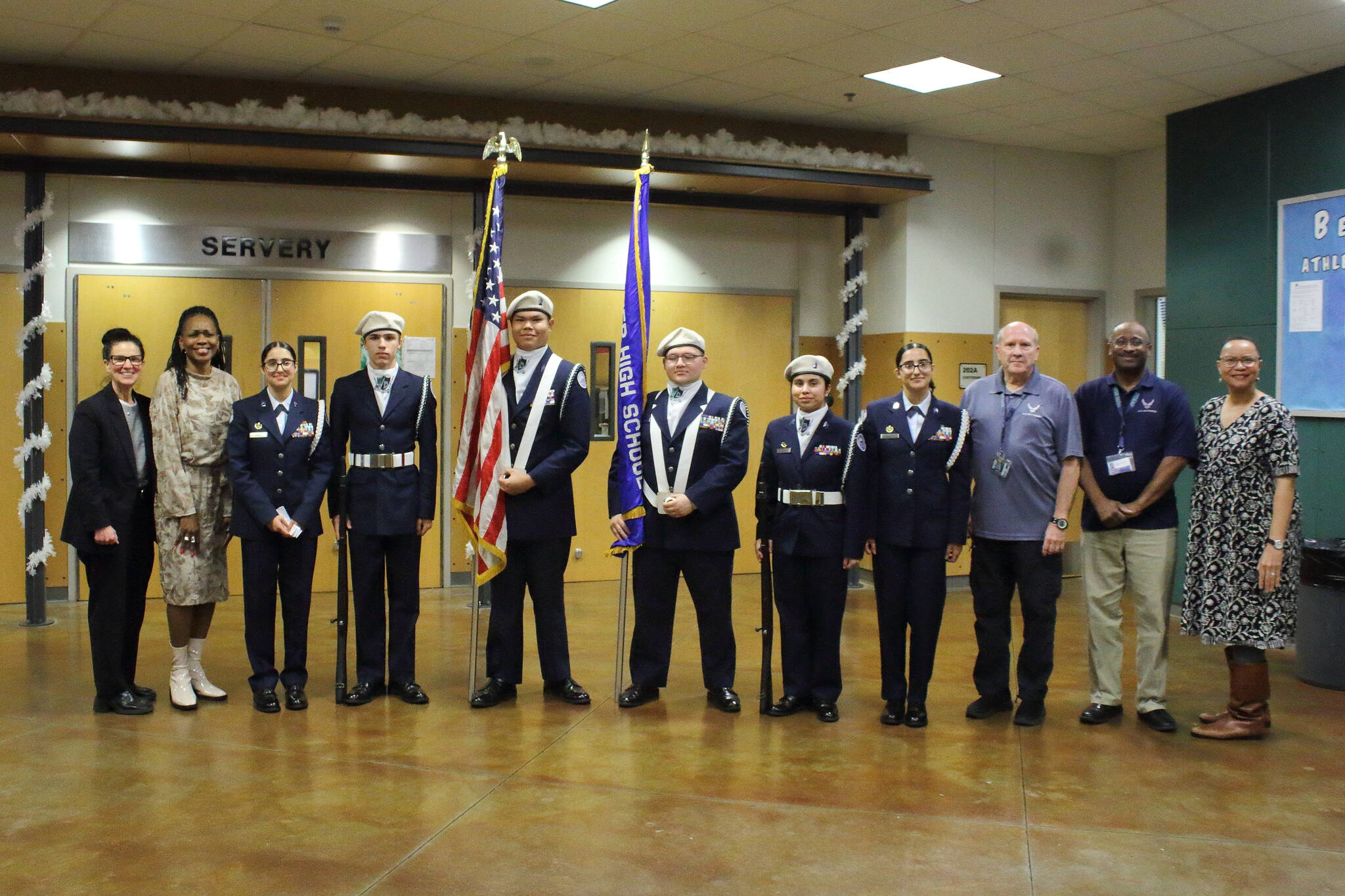 The Todd Beamer Junior Air Force ROTC poses with school board members at the Dec. 17 meeting. Photo by Keelin Everly-Lang / the Mirror