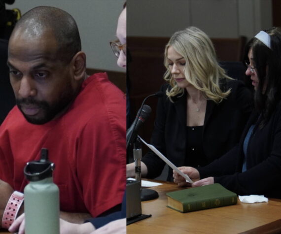 Pictured left: Leonel Gonzalez at his sentencing. Pictured right: The victim’s mother reading a statement to the judge at the sentencing. Photo by Joshua Solorzano/The Mirror