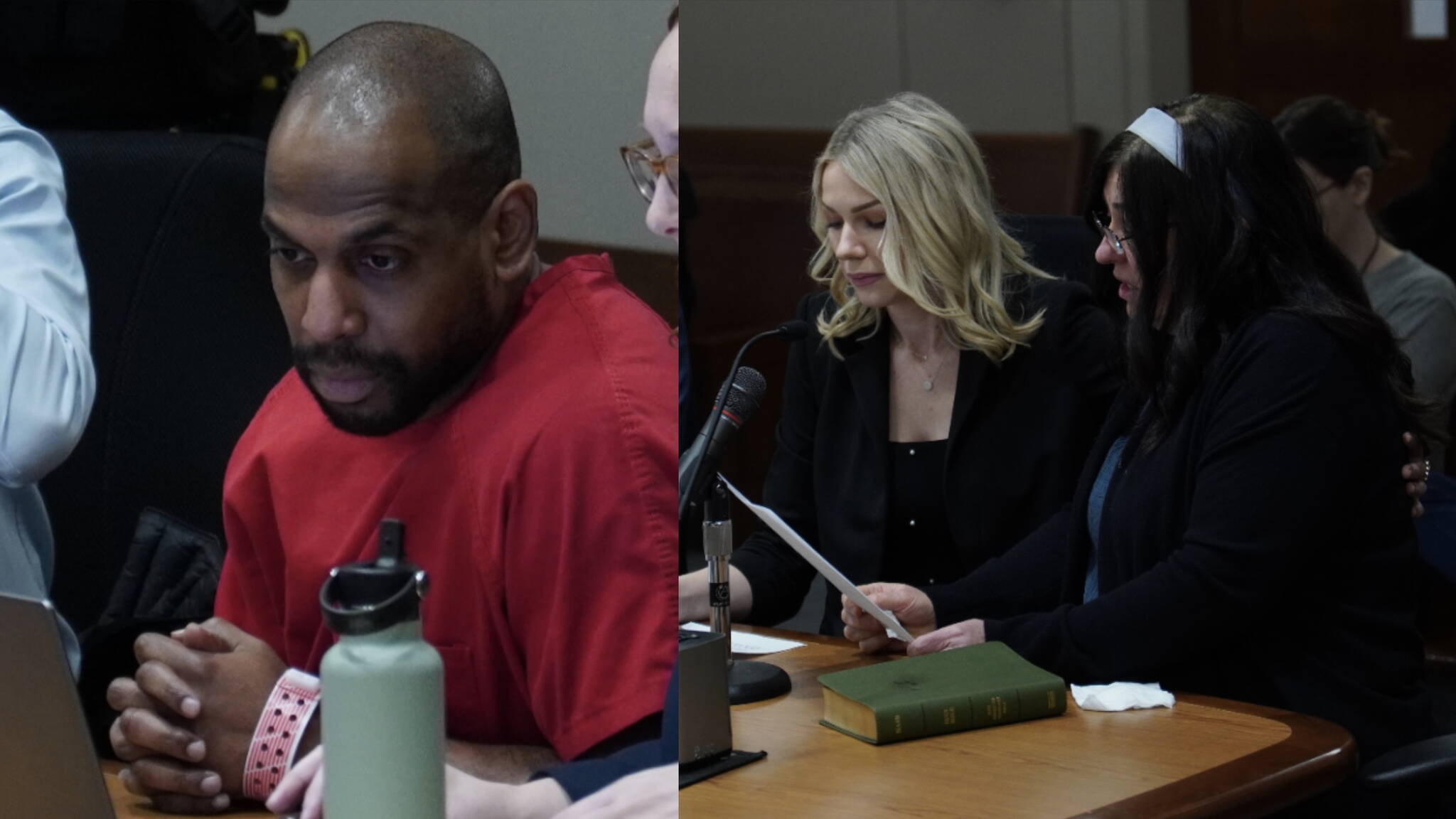 Pictured left: Leonel Gonzalez at his sentencing. Pictured right: The victim’s mother reading a statement to the judge at the sentencing. Photo by Joshua Solorzano/The Mirror