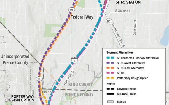 For the area of light rail between Federal Way and Fife, two alternatives would generally align with I-5 while the other three would go along SR-99. Graphic provided by Sound Transit.