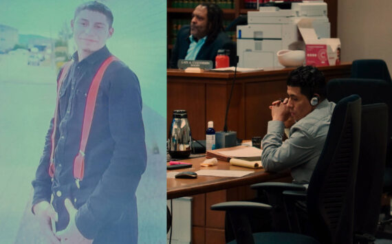 Left to right: A photo of Juan Carlos Guzman displayed in the courtroom and Rudy Garcia-Hernandez at his first day on trial. (Joshua Solorzano/The Mirror)