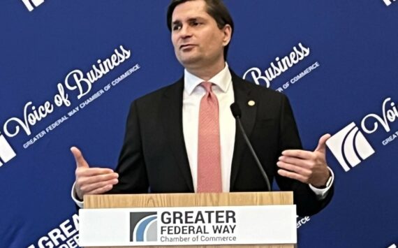 Photo by Andy Hobbs/The Mirror
Washington State Treasurer Mike Pellicciotti speaks Feb. 5 at the Greater Federal Way Chamber of Commerce luncheon.