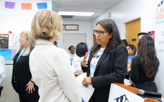 30th District State Rep. Kristine Reeves (D), at right, is seen at a campaign kickoff event in Sept. 2024 for a coalition called Flavors Hook Kids Washington, which seeks to end the sale of flavored tobacco products in the state. File photo